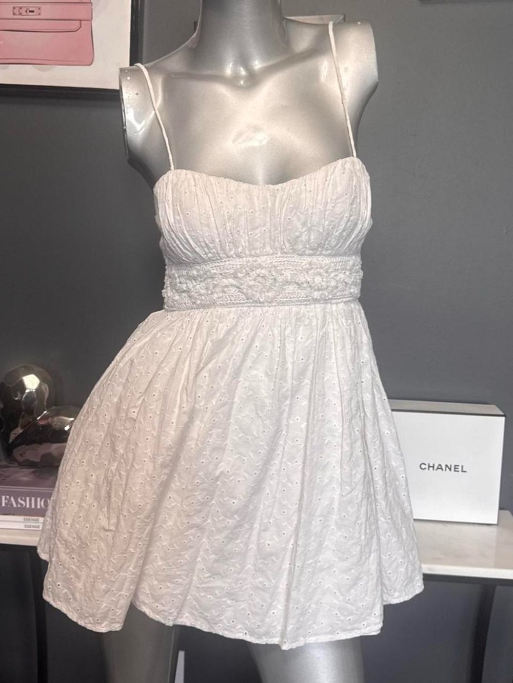 Y2K “Speechless” white embroidered babydoll dress with tie-waist detail.